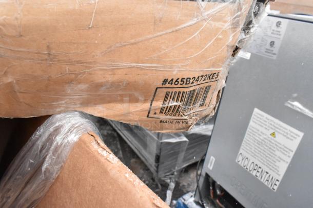 Cardboard box labeled #465B2472KE5, containing 12 various items including a sink and shelf kit. Made in Vietnam.