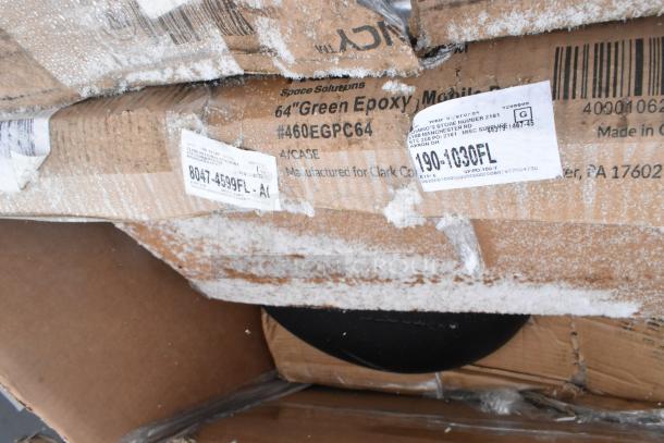 Cardboard boxes labeled with "64” Green Epoxy" and shipping stickers. Auction item includes sink, shelf kits, 12 items total.