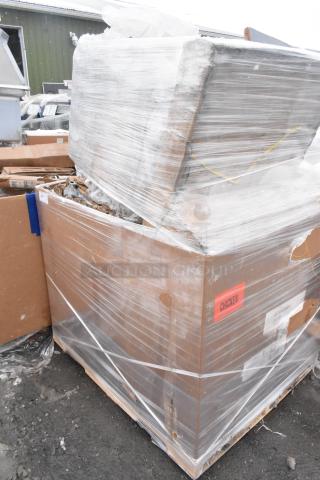 Stacked items on a pallet wrapped in plastic, including boxes labeled "CHICKEN." Condition: unknown.