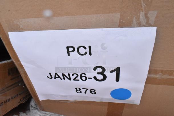Cardboard box labeled "PCI JAN26-31 876" containing 14 various items including shelves and chair cushions.