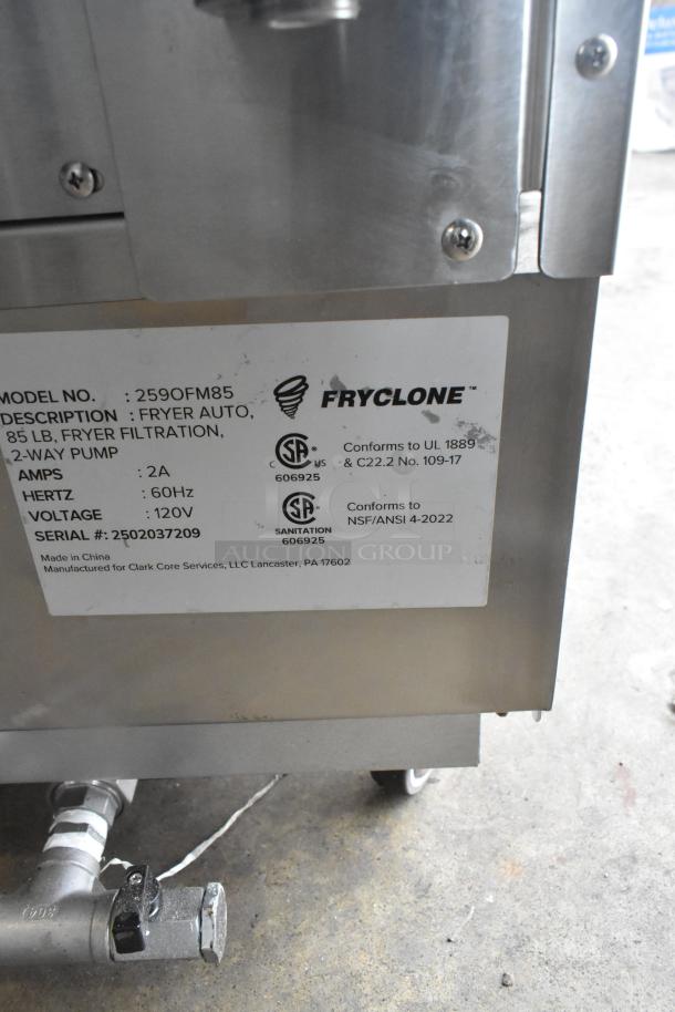 BRAND NEW Fryclone 259OFM85 oil filter machine, 85 lb. capacity, 2-way pump, 120V, with serial #2502037209 label visible.