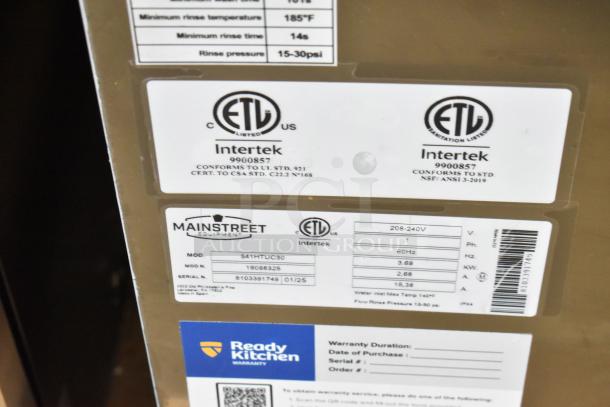 Brand new Mainstreet 541HTUC30 undercounter dishwasher, scratch and dent. 208V/240V, ETL certified, warranty info visible.