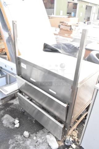 Metal cart with two shelves and under shelf on casters, includes visible label "214". Some signs of wear.