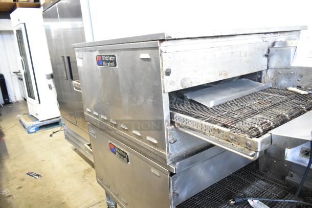 Middleby Marshall PS638G commercial pizza ovens on casters, stainless steel, 89,000 BTU, natural gas, slight wear.
