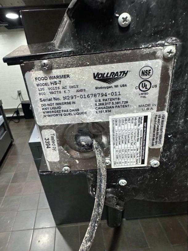 Vollrath Cayenne HS-7 Food Warmer, 120V, UL & NSF Listed, fully tested, premium condition, serial no. visible.