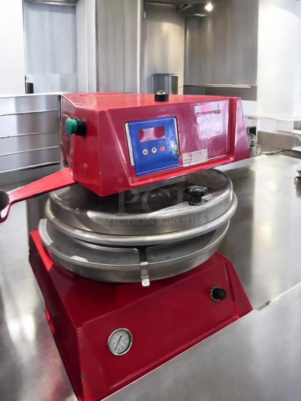 Red Commercial Electric Dough Press with digital controls, model DOU-L-PRS-0384, excellent condition, stainless steel plates.