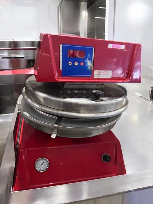 Commercial Electric Dough Press, excellent condition, digital controls, fully tested, model DOU-L-PRS-0384, red exterior.