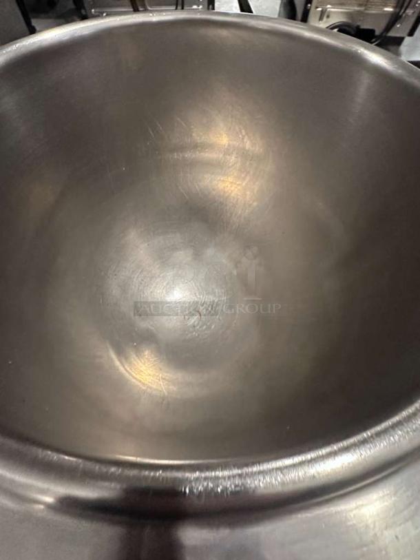 Stainless steel interior of Cleveland Range 24GMK6200 gas steam kettle, like-new condition, NSF & CSA certified.
