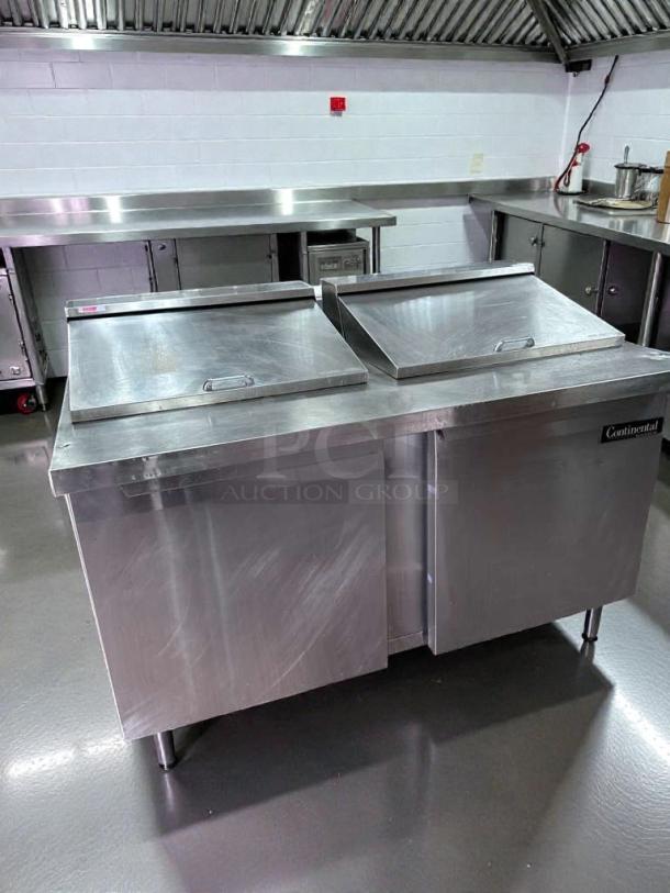 Stainless steel Continental refrigerated prep table, excellent condition, NSF & UL listed, fully operational, dual lids.