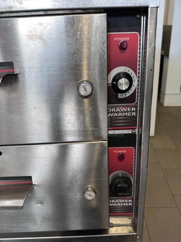 Wittco stainless steel double drawer warmer, UL listed, fully tested, operational; features temperature dials and power indicators.