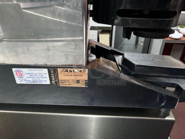 Astra Commercial Espresso Coffee Grinder, model AST-M-GRD-0391, 115V, UL listed, fully operational, premium condition with manufacturer labels.
