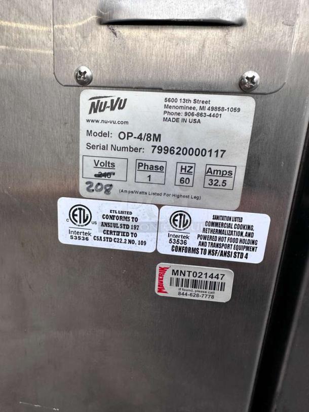 Nu-Vu OP-4/8M commercial oven and proofer combo, 208V, ETL & NSF listed, excellent condition, model and certification labels shown.