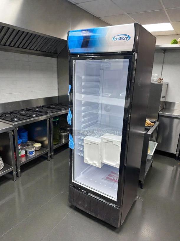 High-grade KoolMore MDR-16G-12C commercial glass door refrigerator, 16 Cu. Ft., UL & NSF listed, excellent condition.