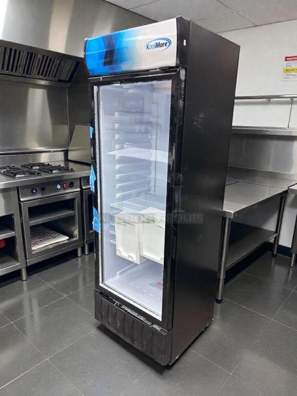 High-grade KoolMore MDR-16G-12C commercial glass door refrigerator, 16 cu. ft., UL & NSF listed, fully operational.