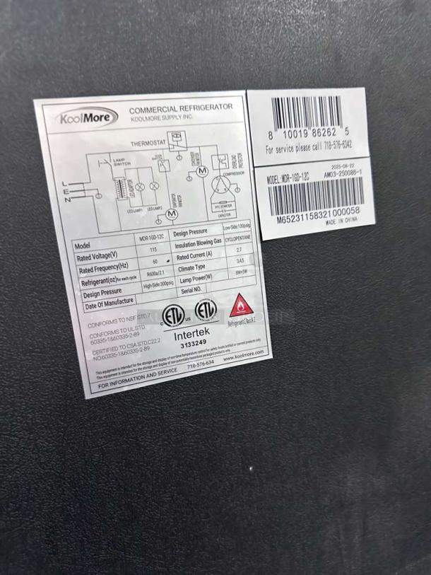 Label on KoolMore MDR-16G-12C Commercial Refrigerator, showing model, voltage, certification markings, and contact info.