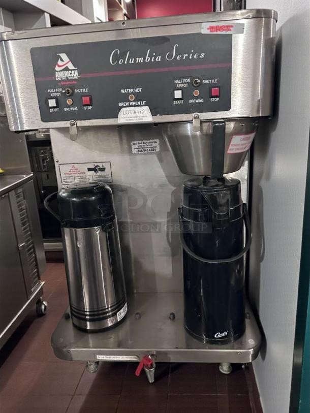 American Metal Ware Columbia Series coffee brewer, dual shuttle & airpot. UL & NSF listed, model R49-S, premium condition.