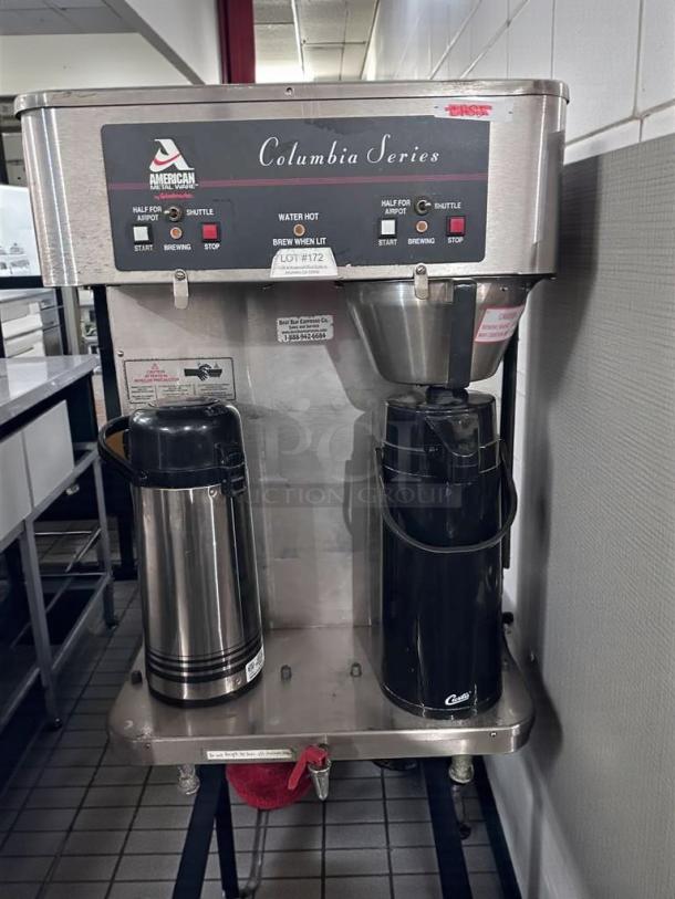American Metal Ware Columbia Series R49-S coffee brewer. Dual shuttle, airpot system. Stainless steel. UL & NSF listed.
