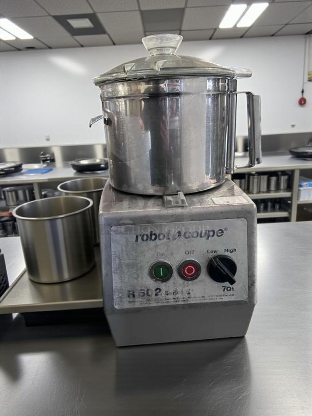 Robot Coupe R602 food processor, stainless steel, UL & NSF listed, tested, operational, visible power buttons and control dial.