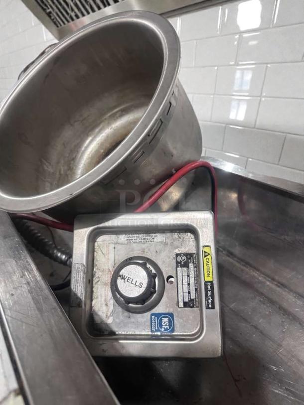 Wells Commercial Electric Soup Warmer, stainless steel, pristine condition, UL & NSF Listed, includes temperature dial and caution label.