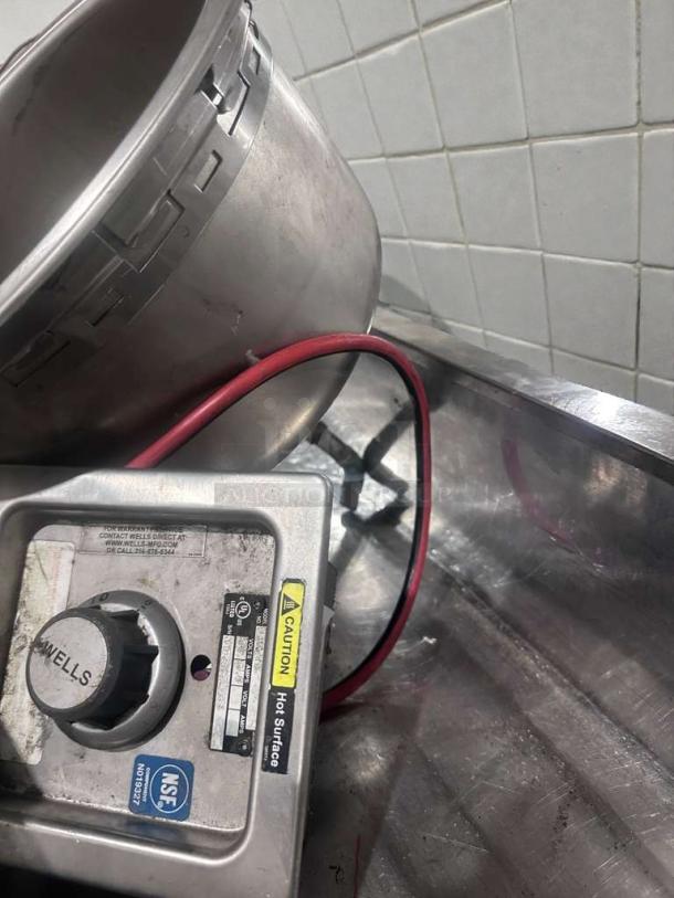 Pristine Wells Commercial Electric Soup Warmer, stainless steel, NSF & UL listed, with control panel and caution label visible.