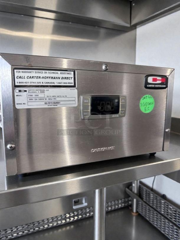 Carter-Hoffmann heated holding cabinet, stainless steel, model KFCVOBH208; UL & NSF listed, excellent condition, fully tested.