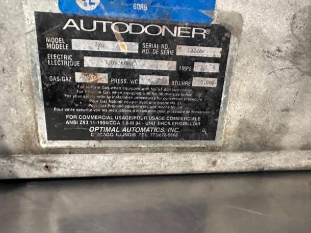 Alt text: Optimal Automatics 3PG Autodoner label, features natural gas specifications, UL listed, model and serial number visible.