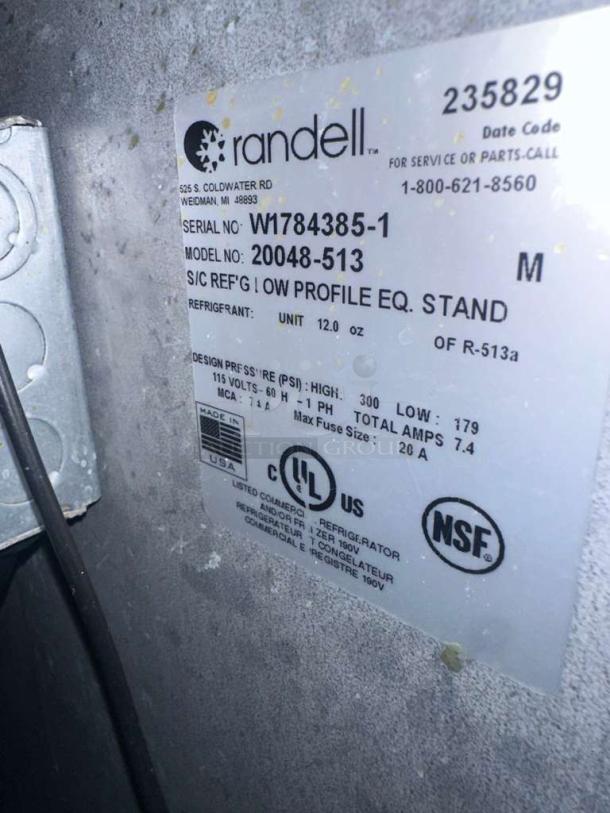 Randell 20048-513 label, UL, NSF certified, 48-inch low-profile refrigerated stand, serial W1784385-1, premium condition.