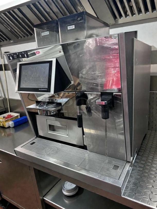 Thermoplan Black&White 3 commercial espresso machine, stainless steel, touchscreen, dual dispensers, fully operational, UL & NSF listed.