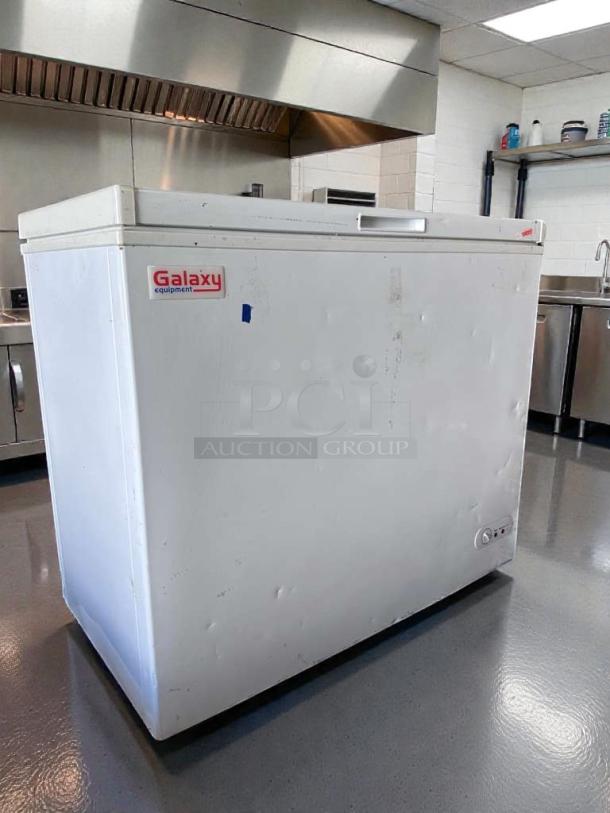 Galaxy 177CF7 commercial chest freezer, 7 cu. ft., 115V, R600a, excellent condition, fully tested, Galaxy Equipment label visible.