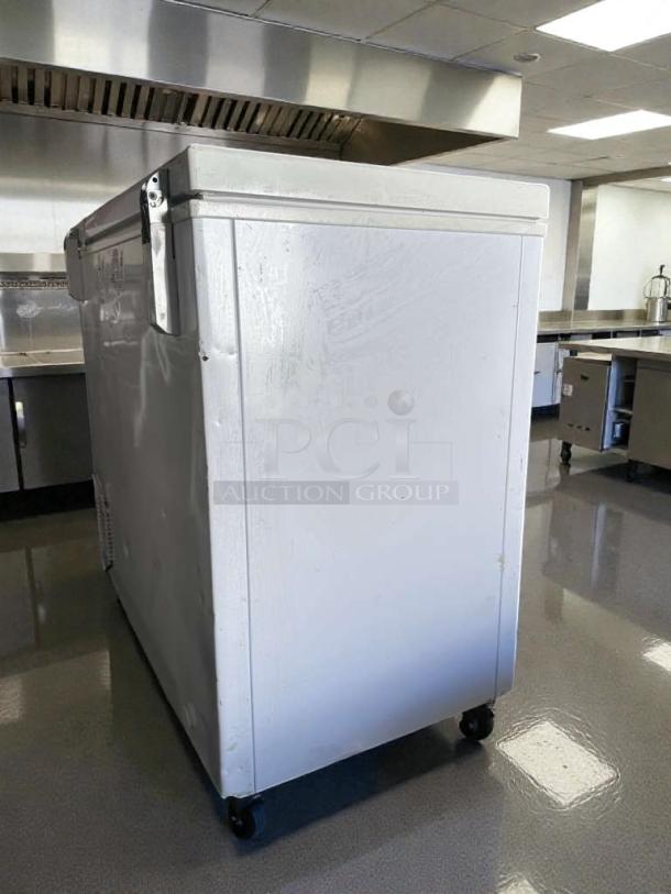 Galaxy 177CF7 commercial chest freezer, 7 Cu. Ft., excellent condition, 115V, R600a, tested and operational, in a kitchen setting.