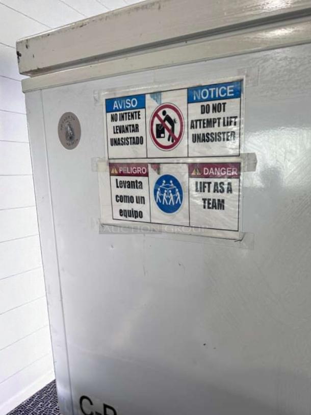 Galaxy 177CF7 commercial chest freezer, 7 cu. ft., 115V, R600a, excellent condition, warning labels present.