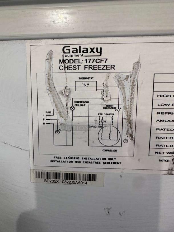 Galaxy Equipment commercial chest freezer, model 177CF7, 7 cu. ft., excellent condition, fully tested, 115V, label shows wiring diagram.