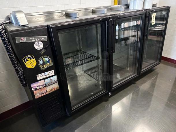 True Commercial Back Bar Glass Door Refrigerator, 72", outstanding condition, model TBB, 115V, UL listed, stickers on door.