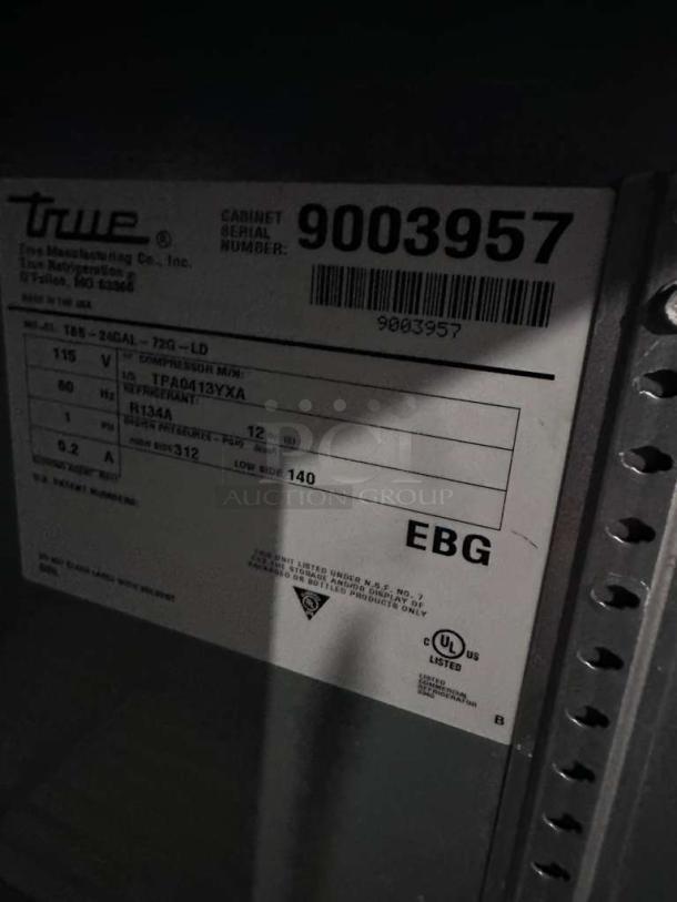 Label on True TBB Series back bar glass door refrigerator, serial number 9003957, UL listed, model TPA0413YXA, 115V.