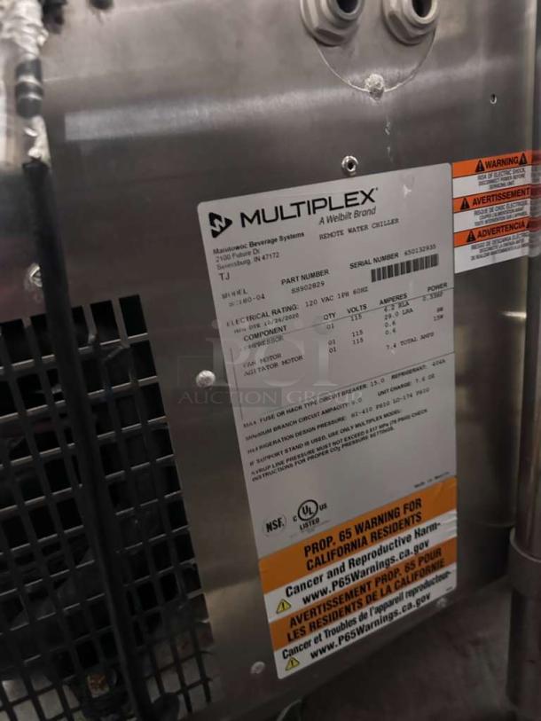 Manitowoc MULTIPLEX S-180-04 ice dispenser label, UL listed, 120V, NSF certified. Featuring warnings and model details.