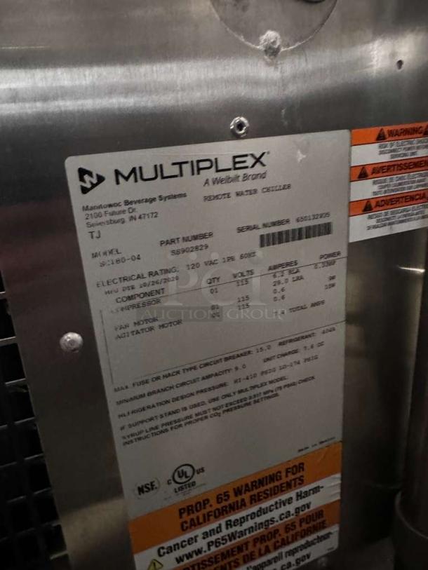 Commercial undercounter ice & beverage dispenser, Manitowoc model S-180-04. UL listed, 120V. Features detailed on label.