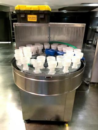 Tang Rotary Round Bottle Washer, stainless steel, automatic rinse, excellent condition, with attached storage box, fully tested.