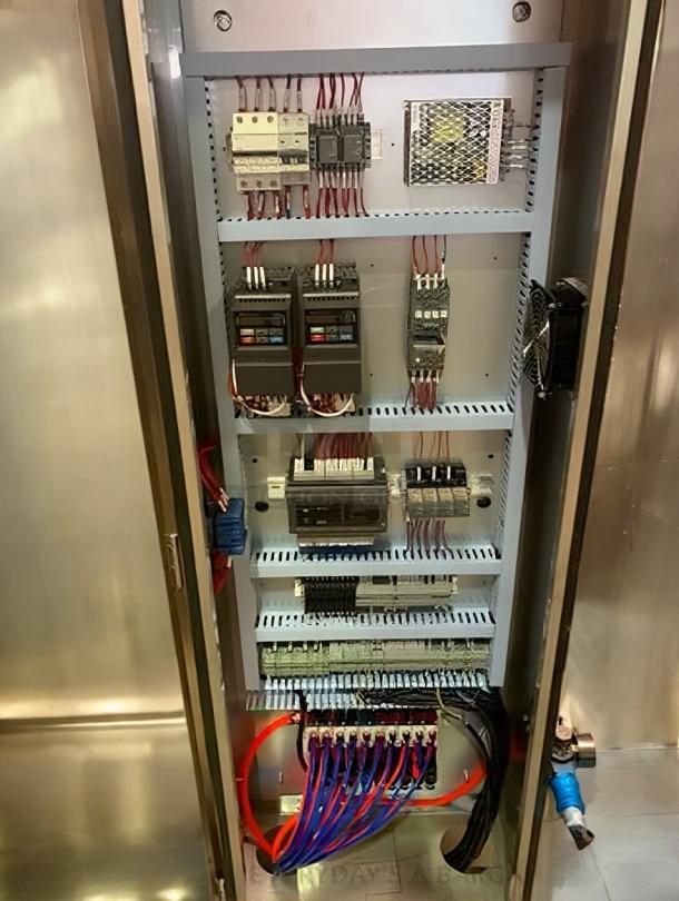 TANG two-head automatic filling machine control panel, fully tested for sauces/liquids. Wires and components visible inside.