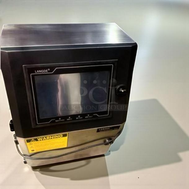 LANGDE Automatic Industrial Inkjet Printer, premium condition, with screen and warning label, model LAN-L-CODE-0426.