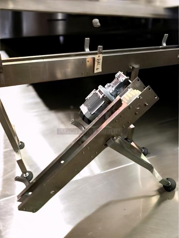 Stainless steel bottle conveyor system, adjustable speed, premium condition, fully tested, part of liquid production line, CONV-L-LINE-0427.