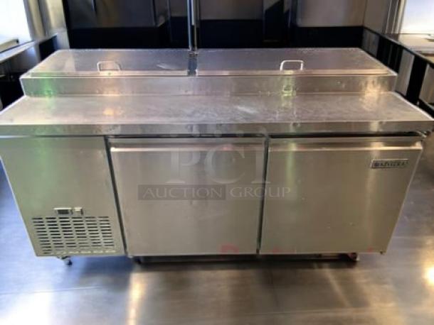 Randell 84120M refrigerated sandwich prep table, 120 in, dual lid, stainless steel, top-tier condition, 115V, fully tested.