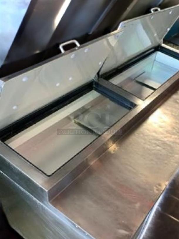 Randell 84120M refrigerated sandwich prep table, 120 in, dual lid stainless steel, top-tier condition, fully operational.
