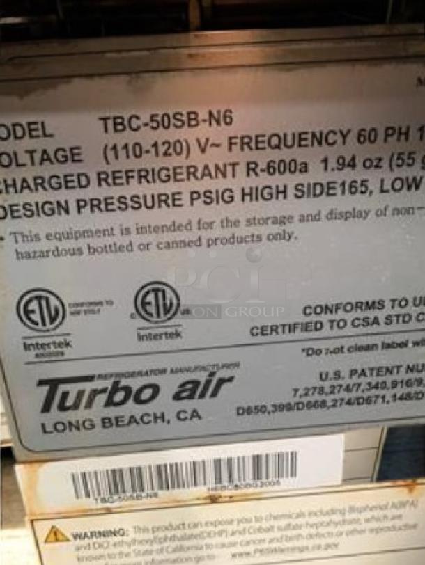 Turbo Air TBC-50SB-N6 label, showing model, voltage (115V), refrigerant type (R-600a), and UL certification details.
