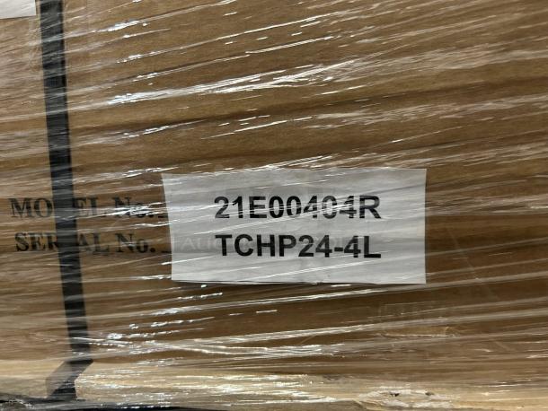Factory sealed Therma-Tek TCHP24-4L, 24" countertop gas hot plate, 4 burners, model and serial numbers visible.