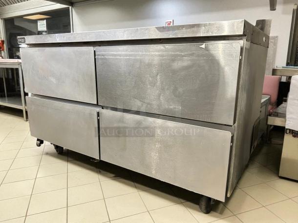 High-grade Delfield GUR60BP-D 4-drawer stainless steel worktop refrigerator, 60” wide, 11.7 cu. ft., UL & NSF listed.