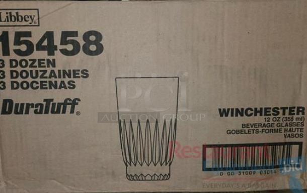 Libbey 15458 Winchester 12 oz beverage glasses, 3 dozen in box, DuraTuff commercial glassware, pristine condition.
