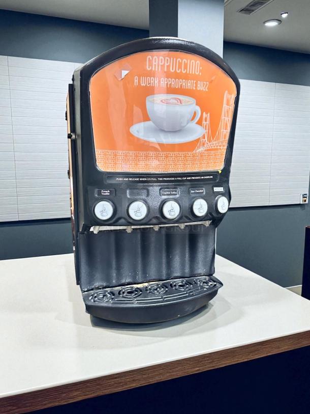 Grindmaster PIC5 cappuccino dispenser, 5-flavor, UL listed, 120V, excellent condition, tested, orange display, Louisville, KY.