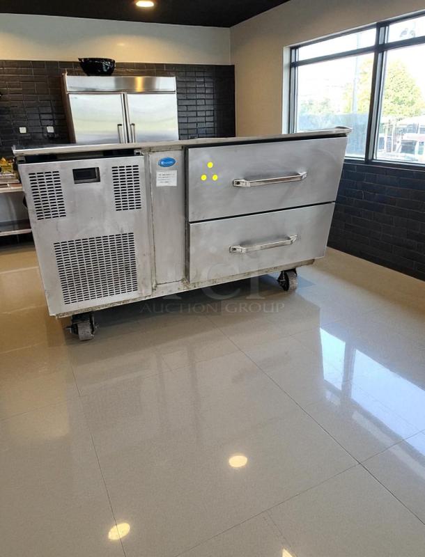 Delfield two-drawer refrigerated chef base, stainless steel, outstanding condition. Model DEL-L-RFG-0445. 115V, fully tested.