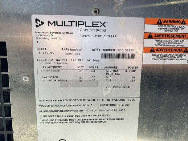 Multiplex SC180-04 Super-Chill Remote Water Chiller, label showing model, part number, electrical rating, and warnings.
