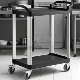 Brand New Choice 2-Shelf Bus Cart, Model CHO-S-CART-0451, Black, Durable Utility/Service Cart with Wheels, Ready for Use.